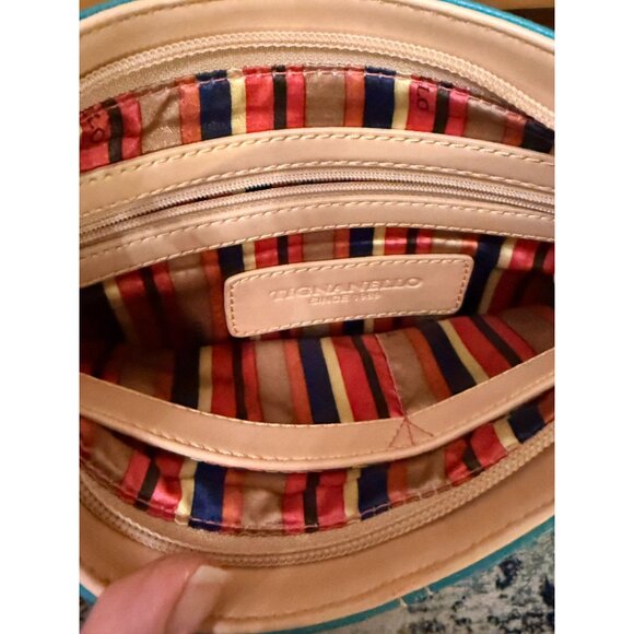 Tignanello Turquoise & Beige Pebbled Leather Convertible Bag w Front Pocket Adj - Picture 11 of 13
